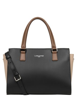 Borsa a mano strutturata nera e tan con finitura liscia, design bicolore, manici superiori, tracolla staccabile e marchio in rilievo.