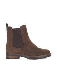Brown suede Chelsea boot with black elastic side panel, pull tab at heel, low stacked heel, and lugged rubber sole.