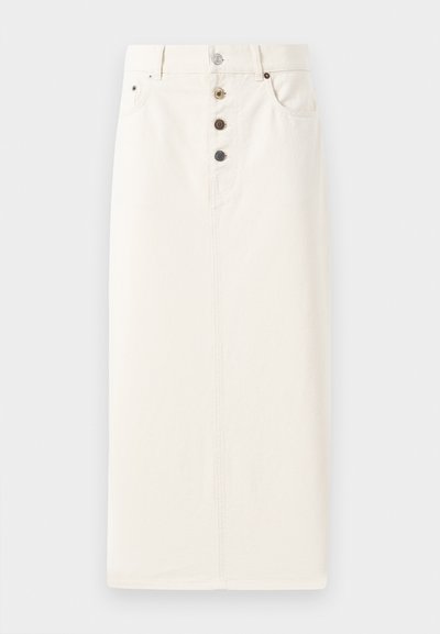 Balts džinsu svārki ar taisnu siluetu, apgādātiem ar pieciem metāliskajiem pogām un divām sānu kabatām, gluda tekstūra un līdz ceļiem garuma dizains.