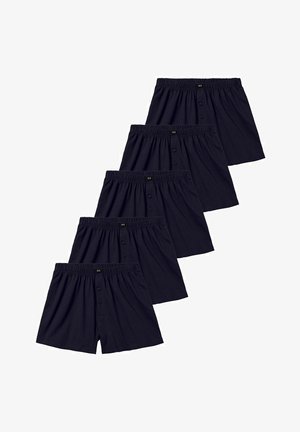 Fünf Paar Herrenboxershorts, dunkelmarineblauer Baumwollstoff, elastischer Bund, Knöpfe vorne, lockere Passform, einfarbig, ohne Muster oder Akzente.