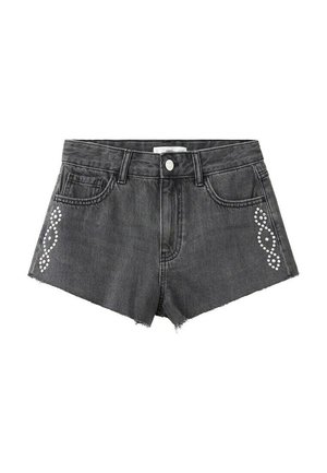 Short en denim noir avec ourlets effilochés, bouton sur le devant, passants pour ceinture et motifs en strass blancs de chaque côté près des poches.