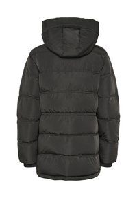 Svart puffjacka med huva, med en quiltad design, elastiska ärmslut och en mjuk, glänsande yta. Finns i en enfärgad variant.