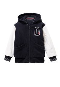 Navy hooded vest met witte mouwen, ritssluiting, twee voorzakken, geribde manchetten en geborduurd logo op de borst. Zachte stofstructuur.