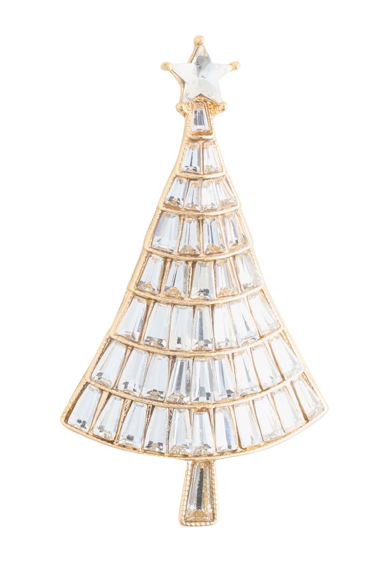 Gold-tone Christmas tree brooch adorned with clear, rectangular crystals; features a star at the top and a textured base.