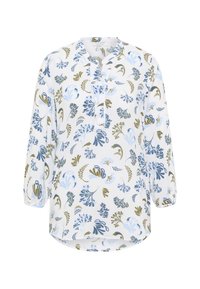 Camicia a fantasia floreale bianca, con tonalità di blu e verde. Maniche lunghe, placket parziale con bottoni e orlo curvo.