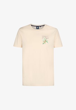 Camiseta de algodón color beige claro con un diseño floral en el lado izquierdo del pecho, cuello redondo y mangas cortas. Ajuste simple y clásico.