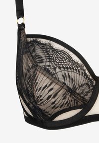 Czarny koronkowy biustonosz z kwiatowymi wzorami, przezroczystym materiałem, wsparciem typu underwire oraz kontrastowymi czarnymi wykończeniami. Regulowane ramiączka z złotymi elementami.