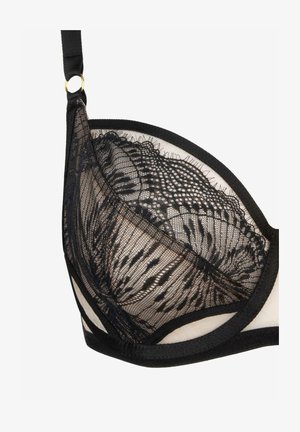 Czarny koronkowy biustonosz z kwiatowymi wzorami, przezroczystym materiałem, wsparciem typu underwire oraz kontrastowymi czarnymi wykończeniami. Regulowane ramiączka z złotymi elementami.