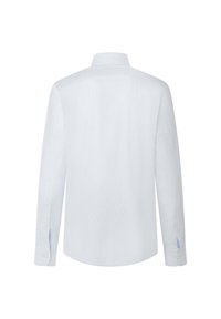Langermig shirt van lichtblauwe stof, met een klassieke kraag, knoopmanchetten en een gladde, gestructureerde oppervlakte zonder zichtbare patronen.