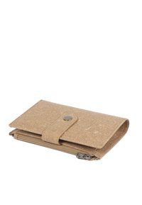 Beige wallet made of textured material with a smooth finish. Features a snap closure and a zippered compartment on one side.