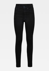 Sorte skinny jeans lavet af denim, med høj talje, fem lommer og diskret blå syninger langs sømene. Ingen synlige logoer eller udsmykninger.