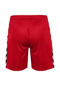 Röda atletiska shorts i slät, lättviktsmaterial. Har svarta och vita ränder längs båda sidor. Elastisk midjeband för komfort.