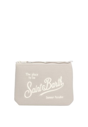 Bustina rettangolare beige con zip e scritta bianca sul davanti con la frase "The place to be Saint Barth Summer Paradise".