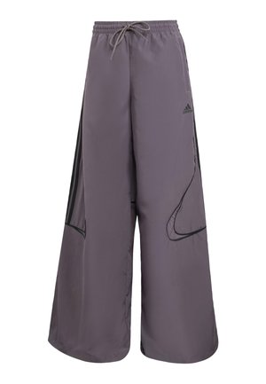 Purple wide-leg pants made of lightweight fabric, featuring a drawstring waist, side pockets, black accents, and a logo detail.