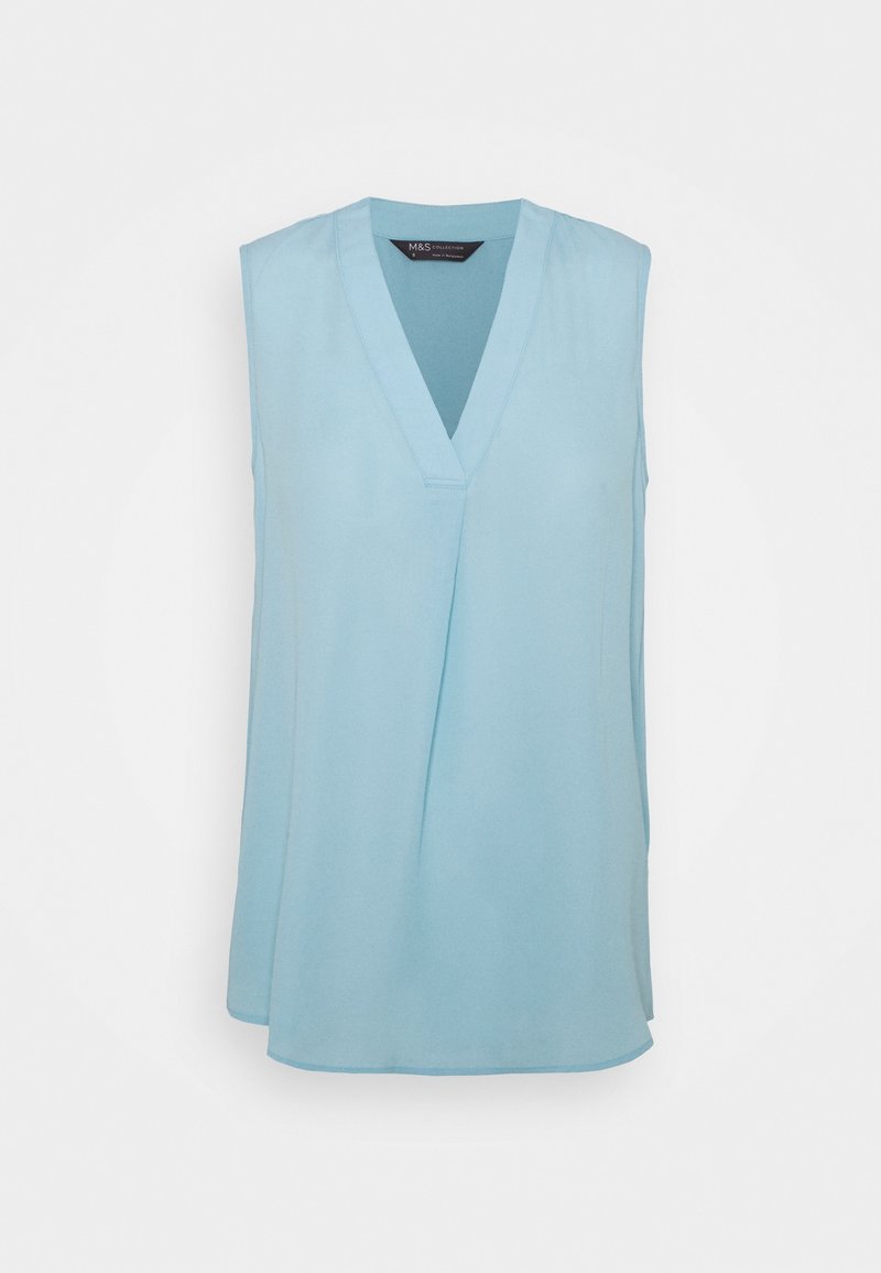 Hellblaue ärmellose Bluse mit V-Ausschnitt, weichem Stoff, lockerem Schnitt und dezentem Drapierungseffekt vorne. Keine sichtbaren Verschlüsse.