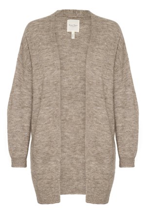 Bež avatud eesmine kardigan, mis on valmistatud pehmest ja tekstureeritud kudumismaterjalist. Omab pikki varrukaid ja lõdva istuvust, ilma kinnituste või silmapaistvate detailideta.