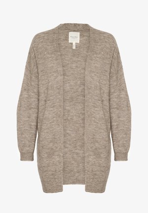 Bež avatud eesmine kardigan, mis on valmistatud pehmest ja tekstureeritud kudumismaterjalist. Omab pikki varrukaid ja lõdva istuvust, ilma kinnituste või silmapaistvate detailideta.