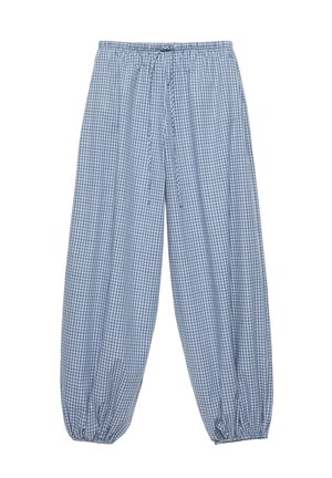 Pantalon ample à carreaux bleus et blancs avec taille élastiquée, cordon de serrage et poignets élastiques aux chevilles.