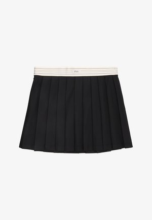 Czarna plisowana spódnica z białym pasek w paski. Wykonana z gładkiego materiału, charakteryzuje się wyraźnymi plisami oraz naszywką z logo z przodu pasa.