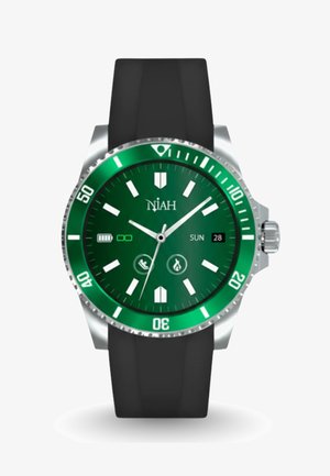 Grüne Zifferblatt-Uhr mit silberner Lünette, schwarzem Kautschukarmband und Symbolen für Batterie, Sonne und Aktivitäten. Ausgestattet mit markanten Stundenmarkierungen und Zeigern.