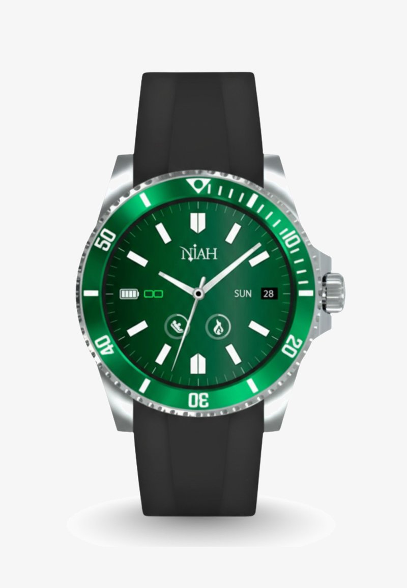 Orologio con quadrante verde, lunetta argentata, cinturino in gomma nero e icone per batteria, sole e attività. Presenta marcatori delle ore e lancette in grassetto.