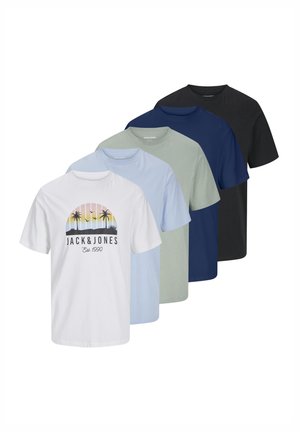 Five short-sleeve t-shirts displayed in a gradient: white with graphic, light blue, light green, navy, and black, made of cotton.