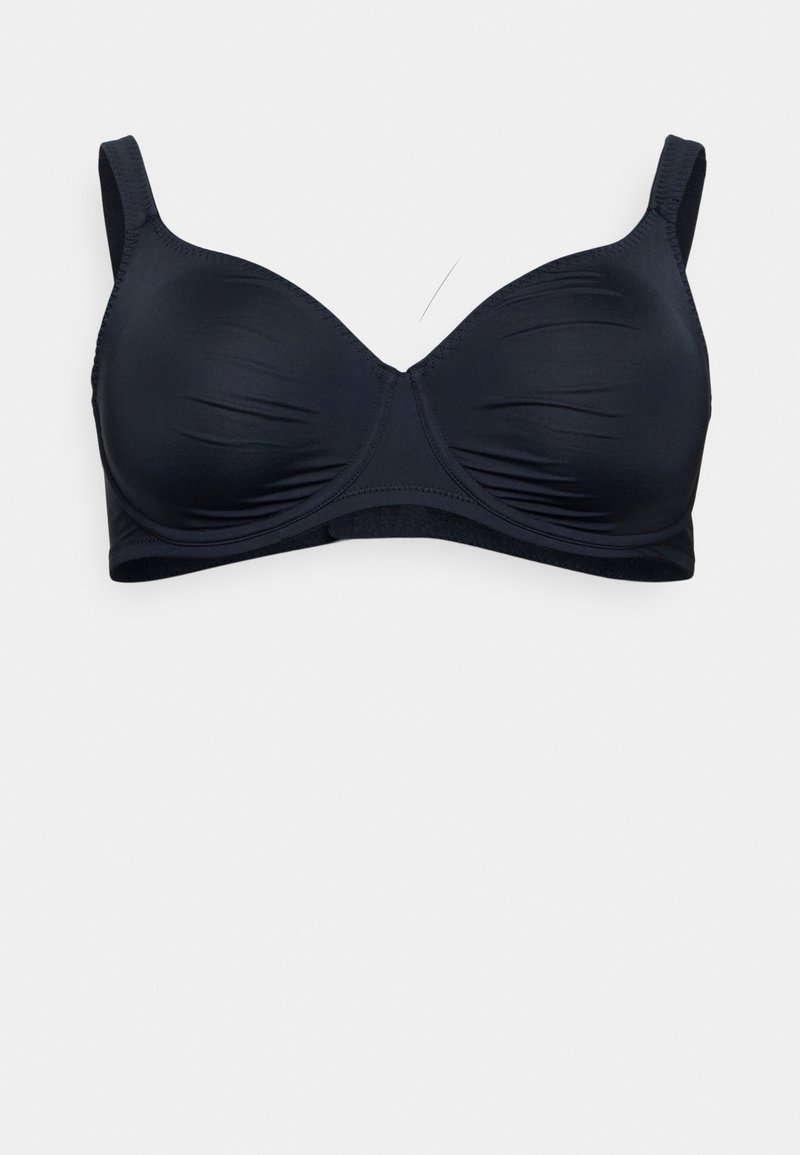 Navy blue soft fabric bra with molded cups, adjustable straps, and seamless edges. Features slight ruching for texture and support.