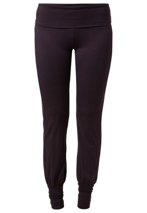 Black fitted jogger pants with wide waistband and ruched elastic cuffs at the ankles on a white background.