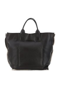 Sac fourre-tout en cuir noir avec deux anses, présentant un compartiment principal spacieux, une texture lisse et une poche avant. Doublure beige douce visible.