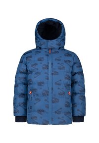 Blaues Puffer-Jackett mit durchgehendem Lastwagenmuster, Frontreißverschluss und Kapuze. Verfügt über elastische Bündchen und seitliche Reißverschlusstaschen. Weicher Stoff.