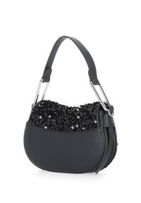 Borsa nera con corpo in pelle liscia e una parte superiore decorata con paillettes nere, dotata di una maniglia corta e robusta.