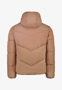 Gewatteerde jas in lichtbruin met capuchon, met een v-hals stikpatroon en elastische manchetten. Gladde, duurzame stoftextuur.