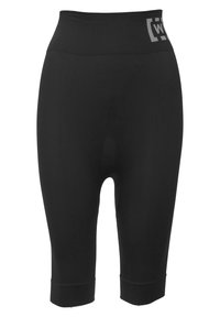 Černé žebrované capri kalhoty s vysokým pasem, vybavené elastickým designem a logem na přední straně, vhodné pro aktivní nošení.