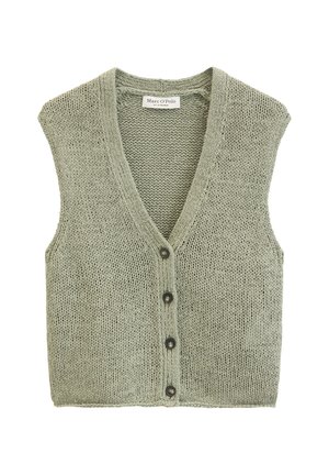 Jasnozielona dzianinowa kamizelka bez rękawów z głębokim dekoltem w serek i czterema ciemnymi guzikami z przodu, oznaczona marką Marc O'Polo.