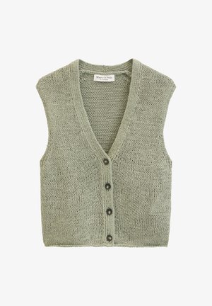 Lichtgroen gebreid mouwloos vest met diepe V-hals en vier donkere knopen aan de voorkant, gelabeld Marc O'Polo.