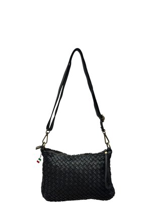 Black woven leather crossbody bag with adjustable strap, zipper closure, and small Italian flag charm on zipper pull.