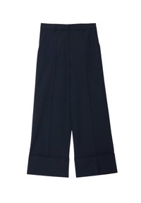 Pantaloni a gamba larga color blu navy realizzati in tessuto morbido con una texture liscia. Presentano pieghe e un risvolto piegato all'orlo per un dettaglio in più.