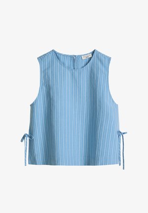 Blouse bleu clair sans manches avec des rayures blanches verticales, col rond, fermeture éclair au dos, et liens latéraux à l'ourlet.