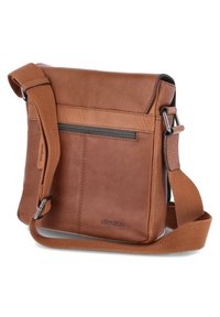 Borsa a spalla in pelle marrone con una tasca frontale con zip, tracolla in tessuto regolabile e superficie liscia. Presenta il logo del marchio in rilievo.