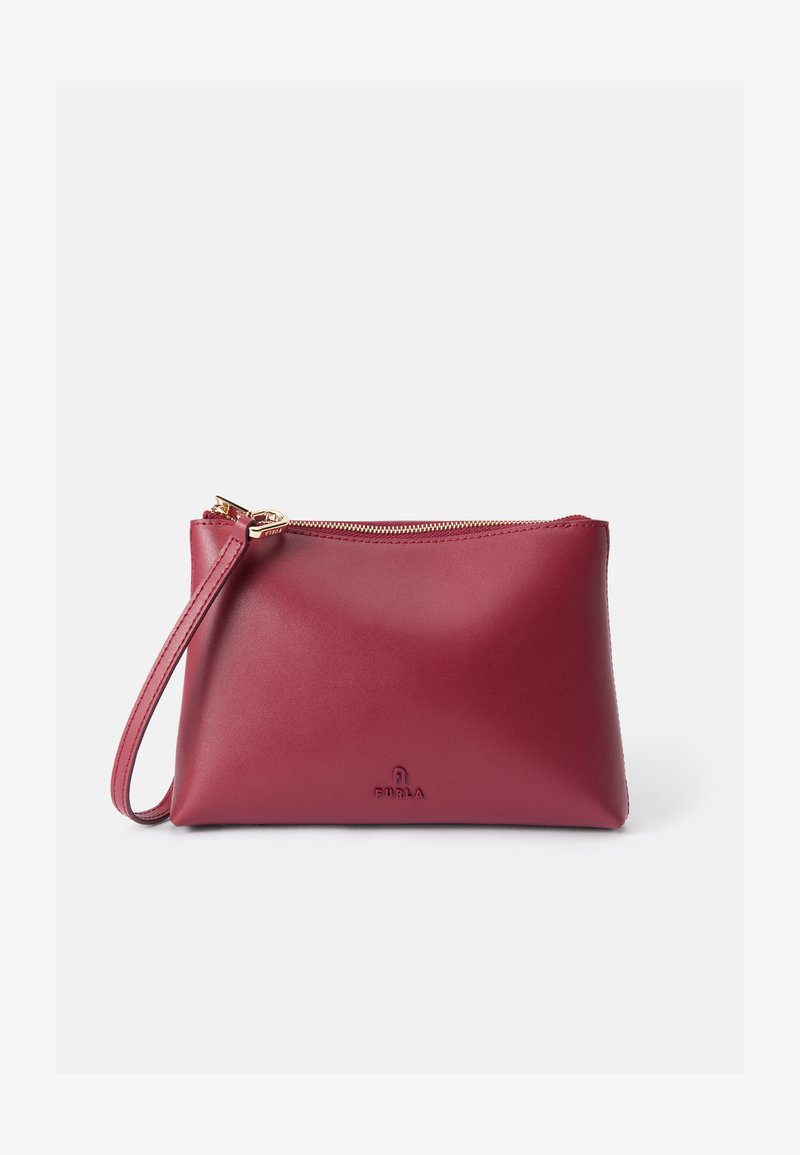 Red leather pouch with wrist strap, rectangular shape, smooth texture, gold zipper, embossed logo at the front. Simple and functional design.