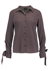 Skjorta med knappar i mörkröd färg med cirkulärt mönster i vitt och blått. Långa ärmar med band vid ärmsluten och krage.