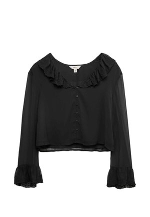 Blusa nera cropped in tessuto leggero con colletto arricciato, chiusura con bottoni e dettagli in pizzo sulle maniche.
