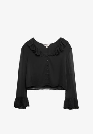 Czarna, krótka bluzka z lekkiego materiału z falbaniastym kołnierzem, zapięciem na guziki i koronkowymi akcentami na rękawach.