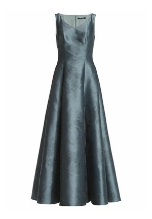 Robe sans manches, longue jusqu'au sol, en satin bleu sarcelle foncé avec un motif jacquard floral subtil et un corsage ajusté à encolure en V ainsi qu'une jupe évasée.