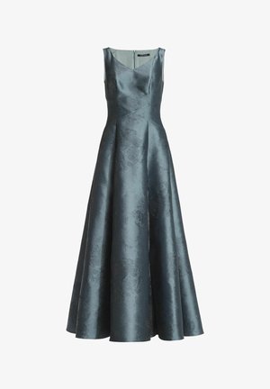 Robe sans manches, longue jusqu'au sol, en satin bleu sarcelle foncé avec un motif jacquard floral subtil et un corsage ajusté à encolure en V ainsi qu'une jupe évasée.