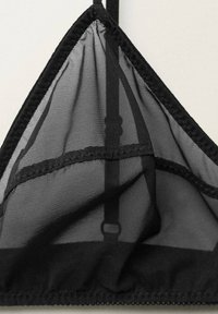 Black triangular bra made of sheer mesh fabric, featuring a smooth edge, adjustable straps, and a horizontal seam across the interior.