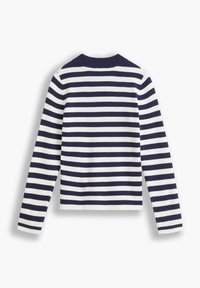 Sweter w paski z poziomymi niebiesko-białymi paskami, prążkowaną fakturą, długimi rękawami i okrągłym dekoltem.