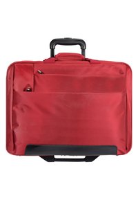 Red fabric laptop case with a retractable handle, multiple exterior zippered pockets, and a black plastic base. Smooth texture, rectangular design.