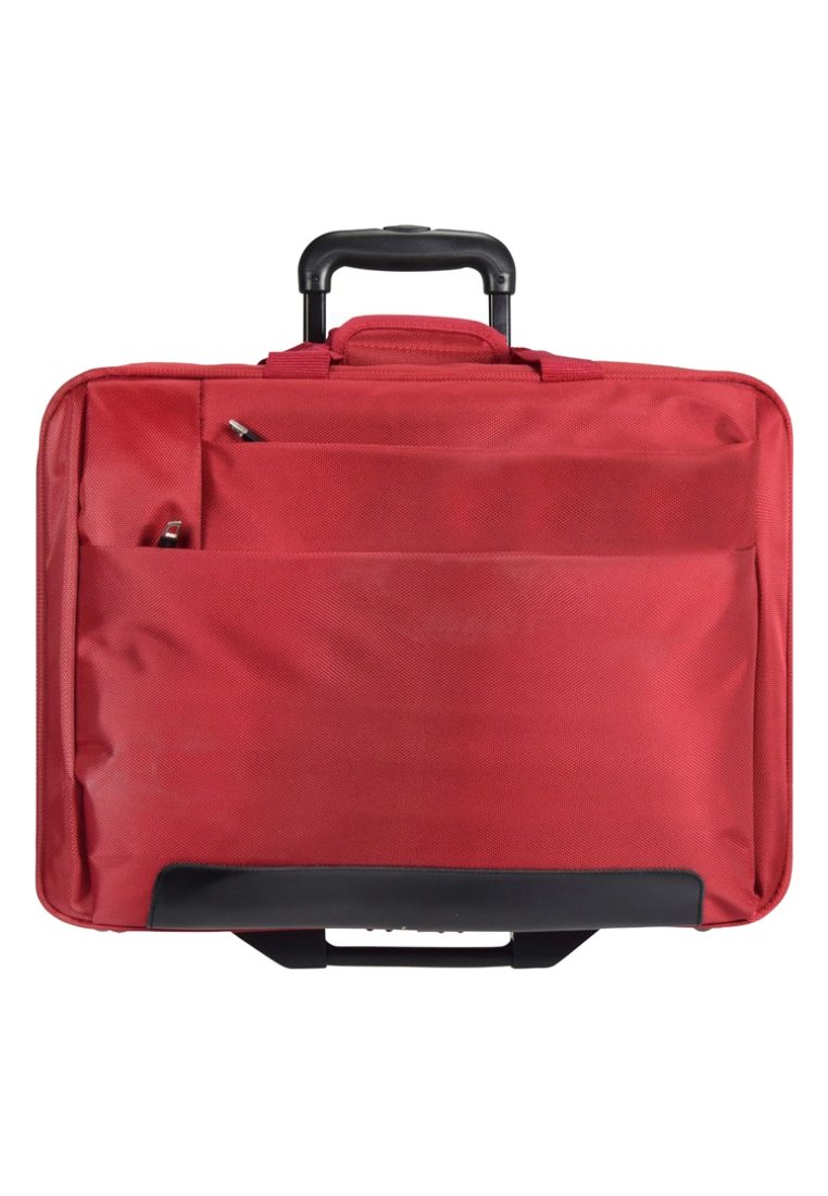 Red fabric laptop case with a retractable handle, multiple exterior zippered pockets, and a black plastic base. Smooth texture, rectangular design.