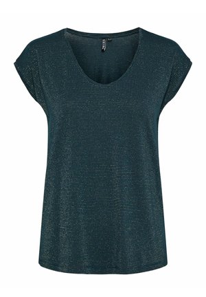 Teal kortärmad topp med V-ringning, metallisk randig textur och avslappnad passform. Lättviktsmaterial med en slät yta.